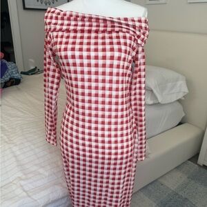 Red and White Plaid Off-Shoulder Maxi Dress Other Significant